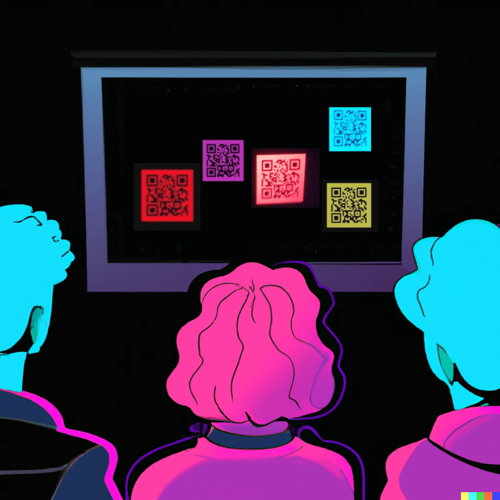 A vaporwave painting of 3 people in a museum watching a frame with QR codes in different bright colors 